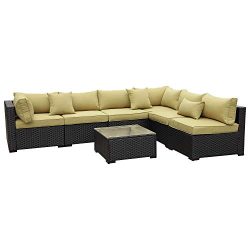 VALITA Outdoor PE Wicker Furniture Set 7 Pieces Patio Black Rattan Sectional Conversation Sofa C ...