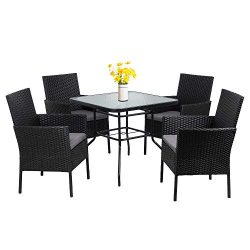 Walsunny 5-Piece Indoor Outdoor Wicker Dining Set Furniture,Square Tempered Glass Top Table with ...