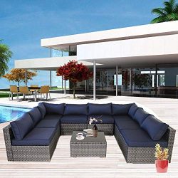 Patio Outdoor Christmas Party Sofa PE Grey Rattan Furniture Set 9pcs Garden Wicker Patio Furnitu ...