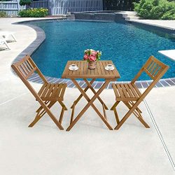 3-Piece Acacia Wood Folding Patio Bistro Set Outdoor Bistro Set Table and Chairs Set with 2 Chai ...