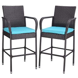 Do4U Set of 2 Patio Bar Stools All-Weather Wicker Outdoor Furniture Chair, Bar Chairs with Turqu ...