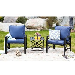 LOKATSE HOME 3 Piece Patio Conversation Set Outdoor Furniture with Coffee Table, Chair, Blue