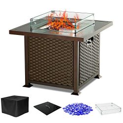 PIEDLE Outdoor Propane Gas Fire Pit Table,32-inch 50,000 BTU Patio Fire Table, Black Tempered Ta ...