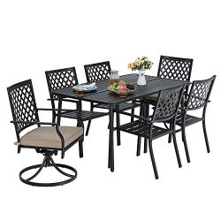 MF Outdoor Patio Dining Set 7 Pieces, 1 x Rectangular Table, 4 Backyard Garden Striped Chairs, 2 ...