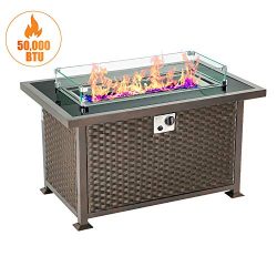 U-MAX 44in Outdoor Propane Gas Fire Pit Table, 50,000 BTU Auto-Ignition Gas Firepit with Glass W ...