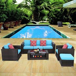 HTTH 7 Pieces Outdoor Patio Rattan Sofa Wicker Sets with Washable Cushions Conversation Garden F ...