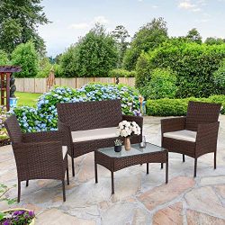 SUNLEI 4-Piece Rattan Patio Furniture Set, Garden Lawn Pool Backyard Outdoor Sofa Wicker Convers ...