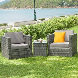 Tangkula 3 PCS Patio Wicker Bistro Set, Outdoor Rattan Sofa Set, Conversation Furniture w/Washab ...