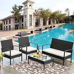 Merax 4 PCS Outdoor Garden Rattan Patio Furniture Set Beige Cushioned Seat Wicker Sofa Set