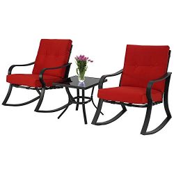 SUNCROWN Outdoor 3-Piece Rocking Chairs Bistro Set, Black Steel Patio Furniture with Red Thicken ...