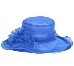 Womens Organza Kentucky Derby Hat Blue Lace Flower Wide Brim Lady Tea Party Church Wedding Femal ...