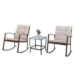 Outdoor 3-Piece Rocking Chair Bistro Set Brown Wicker Patio Furniture-Two High-Back Chairs with  ...