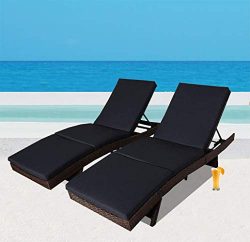 Outdoor Patio Synthetic Backyard Poolside Garden Black Rattan Wicker Chaise Lounge Chair Cushion ...