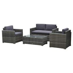 Outsunny 4 Pieces Outdoor Wicker Patio Sofa Set, Rattan Conversation Furniture Set with Cushions ...