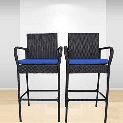 Garden Stool Set of 2 Patio Furniture PE Rattan Black Outdoor Home Bar Chairs Cushioned Barstool ...