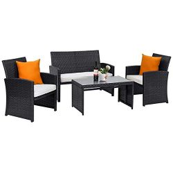 Tangkula 4-PCS Wicker Conversation Furniture Set, Patio Sofa and Table Set w/4 Seats, Outdoor Ra ...
