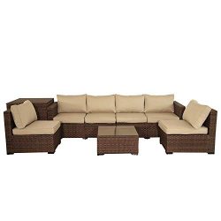 VALITA 6 Pieces Patio PE Wicker Furniture Set Outdoor Brown Rattan Sectional Conversation Sofa C ...