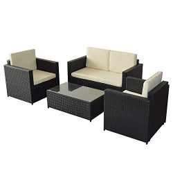 Mcombo Outdoor 4-Piece Patio Sofa and Table Furniture Sectional Seating Set, All-Weather Black W ...