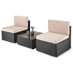 PAMAPIC 3 Pieces Patio Furniture，Outdoor Rattan Sectional Sofa Conversation Set with Tea Table  ...