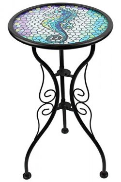 Liffy Outdoor Mosaic Side Table Seahorse Bench Small Patio Round Printed Glass Table for Garden, ...