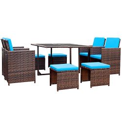 Devoko 9 Pieces Patio Dining Sets Outdoor Space Saving Rattan Chairs with Glass Table Patio Furn ...