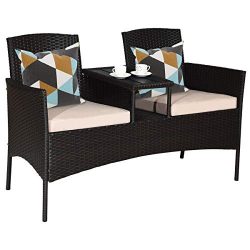 Tangkula Outdoor Rattan Loveseat, Patio Conversation Set with Cushions & Table, Modern Patio ...