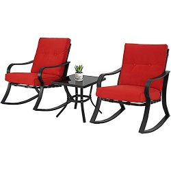 SOLAURA 3-Piece Outdoor Rocking Chairs Bistro Set, Black Steel Patio Furniture with Red Thickene ...