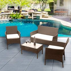 Luckycloud 4 Pieces Outdoor Patio Furniture Sets Rattan Wicker Chair Set with Cushion Coffee Tab ...