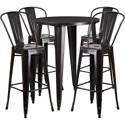 Flash Furniture 30” Round Black-Antique Gold Metal Indoor-Outdoor Bar Table Set with 4 Caf ...