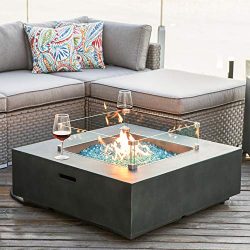 COSIEST Outdoor Propane Fire Pit Coffee Table w Greyish-Green Square Faux Stone 35-inch Planter  ...