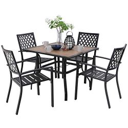 PHI VILLA Metal Outdoor Patio Dining Chairs and 37″x37″ Wood-Like Square Table Furni ...