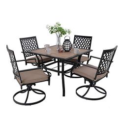 PHIVILLA Patio Dining Set 5 Pieces 1 Wood Like Square Garden Umbrella Table and 4 Swivel Chairs  ...