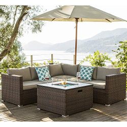 COSIEST 4-Piece Propane Fire Pit Outdoor Furniture Brown Sofa Set, Patio Setional w 32-inch Squa ...