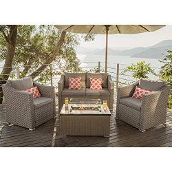 COSIEST 4-Piece Fire Pit Table Outdoor Furniture, Warm Gray Wicker Conversation Set, 4 Coral Pil ...