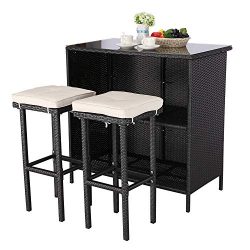 Do4U 3 Pieces Patio Bar Table Set All-Weather Outdoor Wicker Bar with 2 Storage Shelves Glass To ...