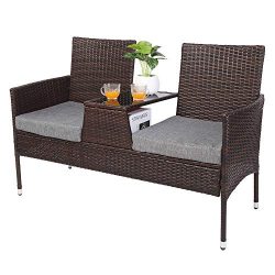 VINGLI Wicker Loveseat Sofa with Removable Cushions and Table, Outdoor Furniture, Patio Conversa ...