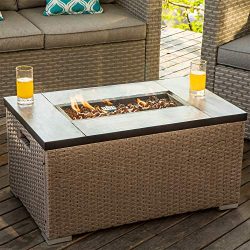 COSIEST Outdoor Propane Fire Pit 32-inch x 20-inch Rectangle Warm Gray Wicker Fire Table(40,000  ...