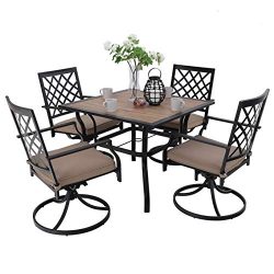 PHI VILLA 5 Piece Outdoor Patio Bistro Swivel Chairs and Wood-Like Square Dining Table Furniture Set