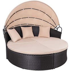 KaiMeng Patio Sets Outdoor Round Daybed PE Rattan Wicker Furniture with Retractable Canopy with  ...