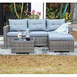 JOIVI Patio Conversation Set, PE Wicker Rattan Outdoor Furniture Set, 2 Ways Sectional Sofa Loun ...