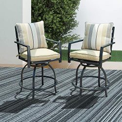 LOKATSE HOME Patio Stools Outdoor Swivel Bar Height Chairs Set of 2, 2, White Cushion