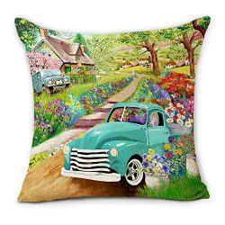 Hexagram Farmhouse Spring Pillow Covers 18×18 Inch Blue Truck with Fresh Spring Flowers Des ...