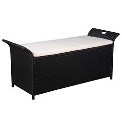 Festnight Outdoor Storage Bench with Cushion Garden Wicker Furniture Poly Rattan Black 54.3″