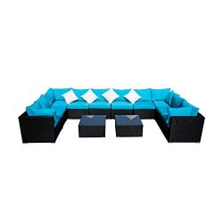 Outdoor Wicker Patio Furniture Sectional Cushioned Rattan Conversation Sofa Sets Black (Blue-12  ...