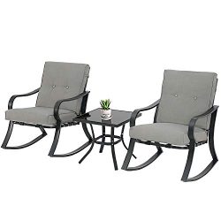 SOLAURA 3-Piece Outdoor Rocking Chairs Bistro Set, Black Steel Patio Furniture with Gray Thicken ...