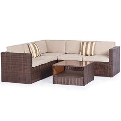 Oakmont 4Pcs Outdoor Furniture Patio L-Shaped Conversation Sectional Sofa Set with Brown Premium ...