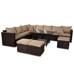 JETIME Patio Furniture Outdoor Conversation Set 9pcs Garden Seating Outside Couch Brown PE Wicke ...