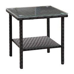 VALITA Outdoor Wicker Glass Top Side Table – Patio Rattan Square End Table with Storage, Black