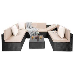 PAMAPIC 9 Pieces Patio Furniture，Outdoor Rattan Sectional Sofa Conversation Set with Tea Table  ...