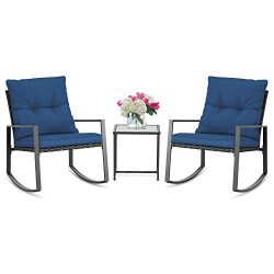 SUNCROWN Outdoor 3-Piece Rocking Bistro Set: Black Wicker Furniture-Two Chairs with Glass Coffee ...